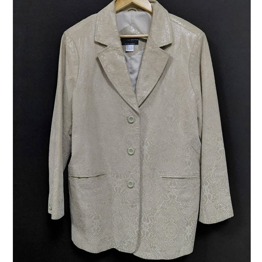 Terry Lewis Blazer Beige Paisley Long Sleeve 100% Leather Women Size L